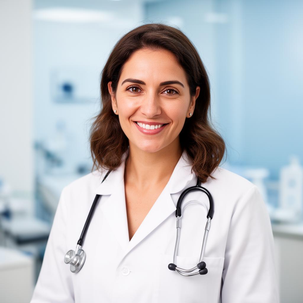 Doctora colegiada de MDHome con bata blanca y estetoscopio