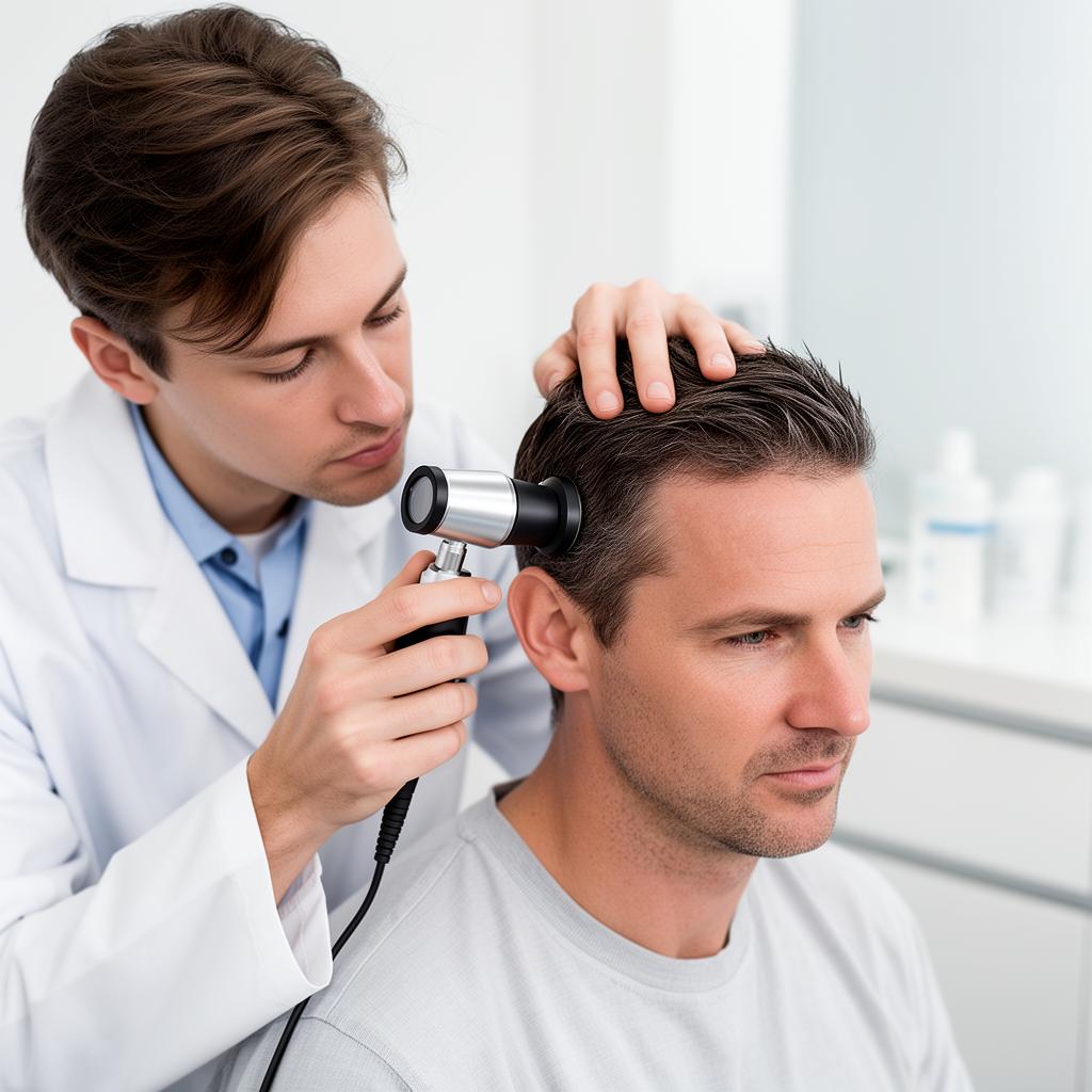 Médico examinando el cuero cabelludo de un paciente con dermatoscopio